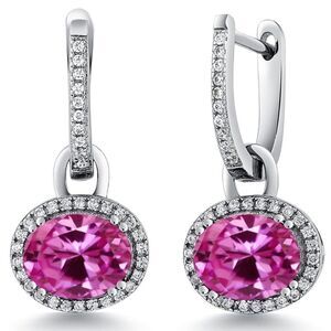 925 Sterling Silver with 5.64 Cttw Pink Sapphire Oval French Lock Drop Earrings